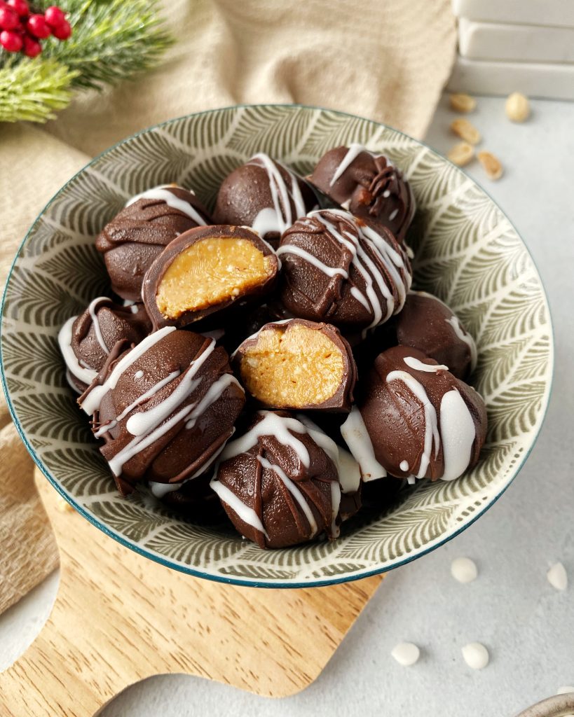chocolate peanut butter truffles in a small bowl 