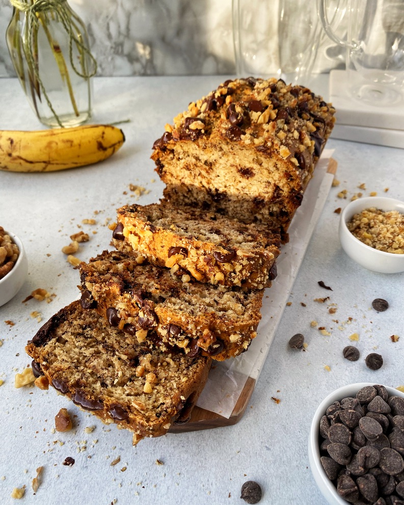 banana bread with 3 slices cut