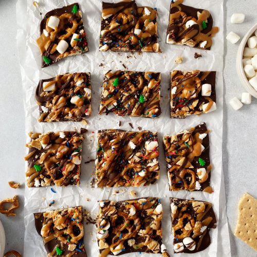 vegan holiday chocolate bark on parchment paper