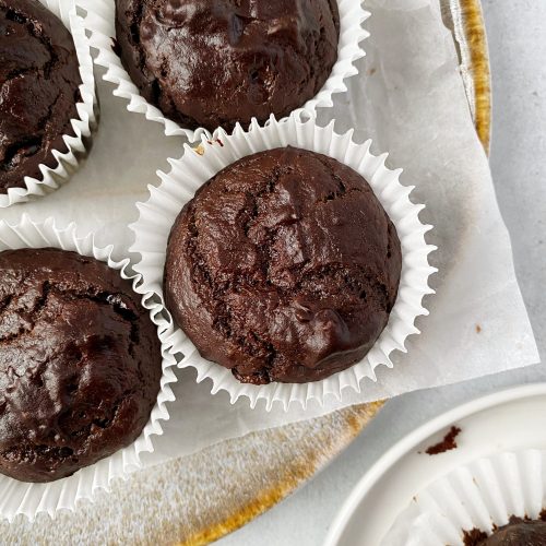 overhead photo of vegan chocolate protein muffins