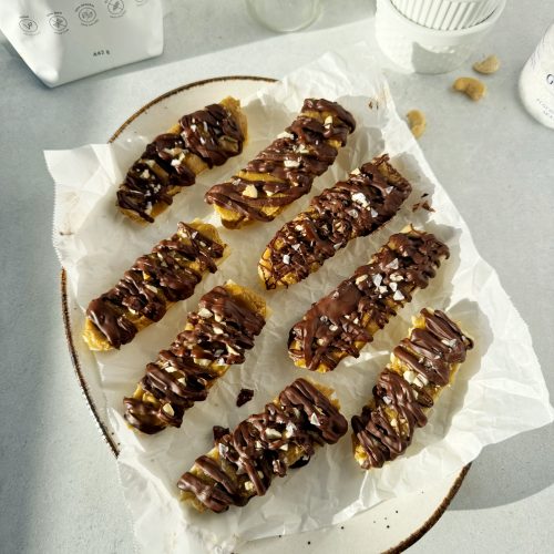 no bake banana snickers bites in oval serving dish