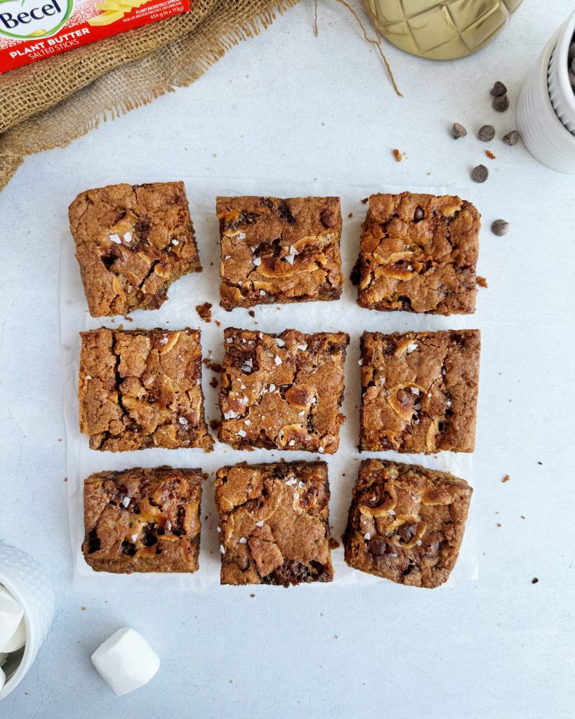 overhead photo of s'mores bars with a bite taken out of one bar 