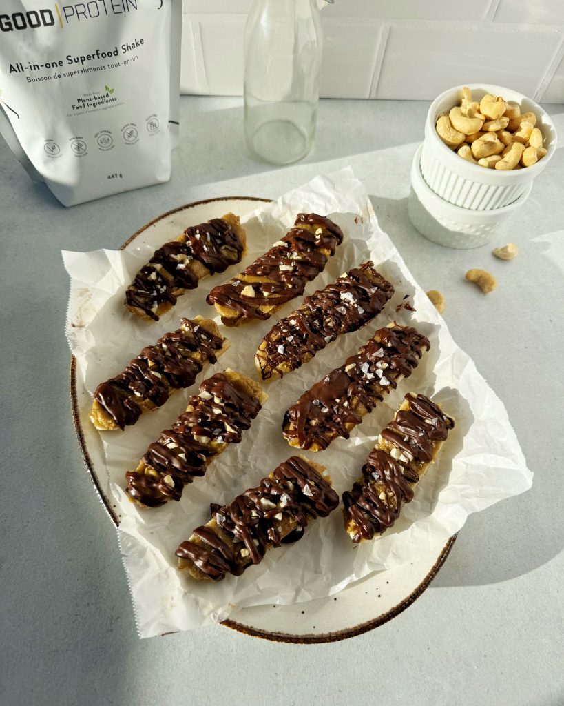 banana snickers bites on parchment lined serving plate