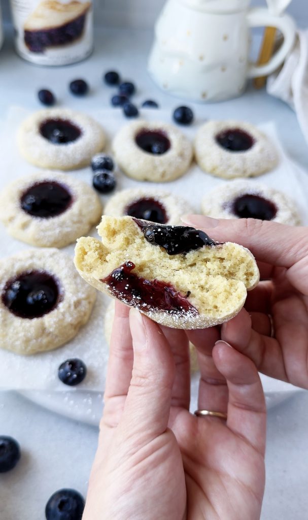 blueberry thumbprint cookie cut in half