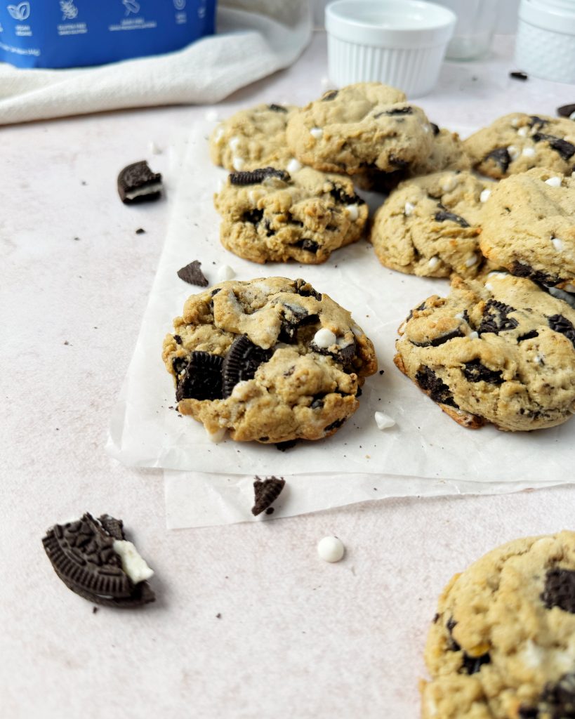 close up of cookies n cream cookie on a white parchment paper