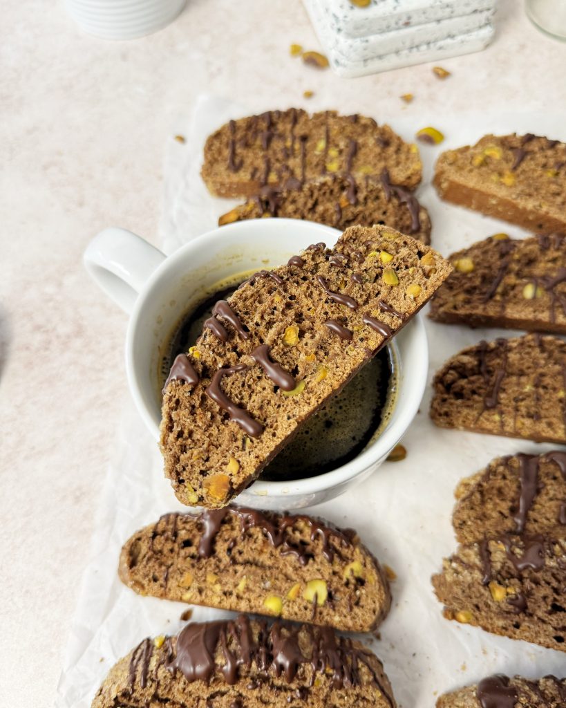 chocolate pistachio biscotti drizzled with chocolate 