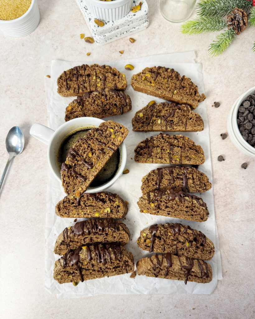 chocolate pistachio biscotti with a chocolate drizzle 