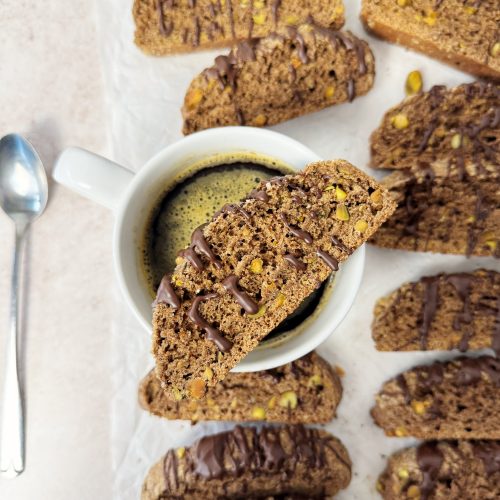 chocolate pistachio biscotti drizzled in chocolate