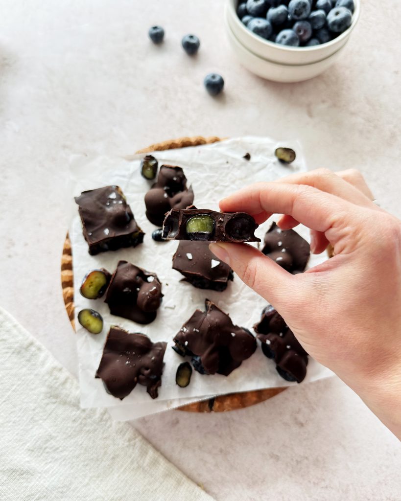 close up of chocolate covered blueberry chunk