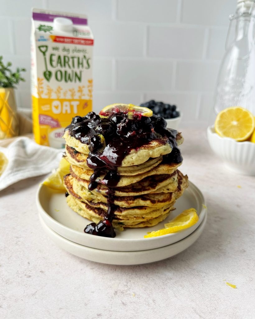 lemon blueberry pancakes with homemade blueberry compote and lemon zest