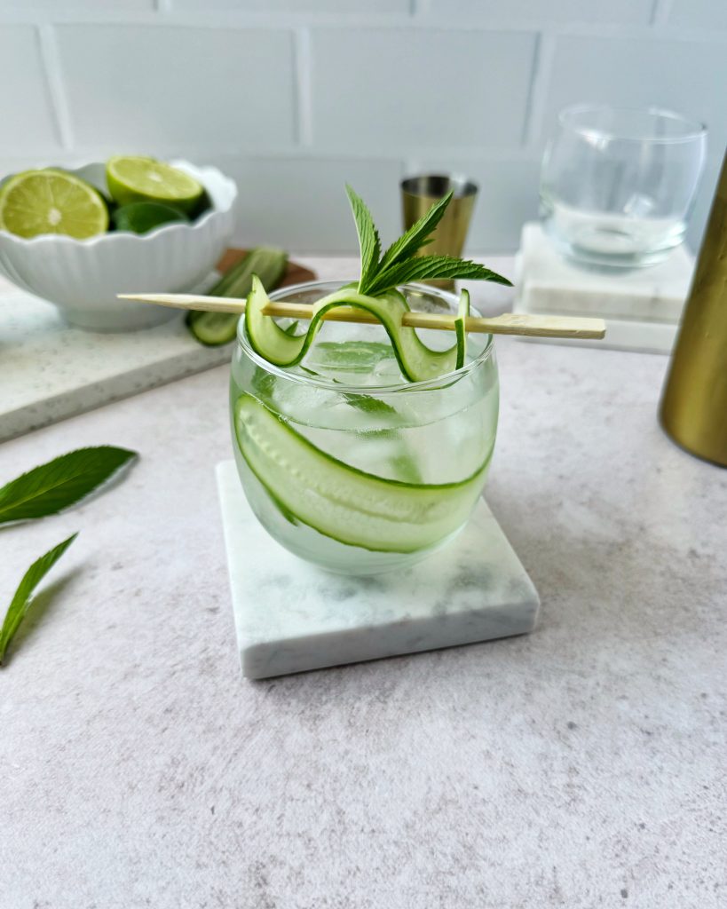 non alcoholic mojito garnished with mint and cucumber