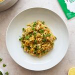 high protein tempeh orzo served with fresh parsley
