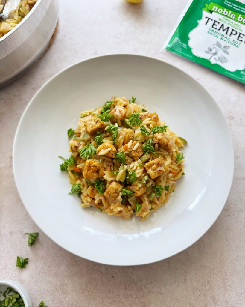 one pan high protein tempeh orzo