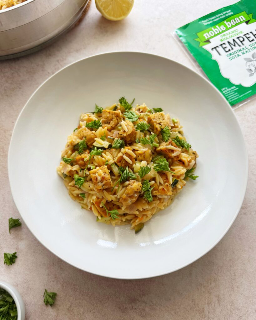 one pan orzo with tempeh