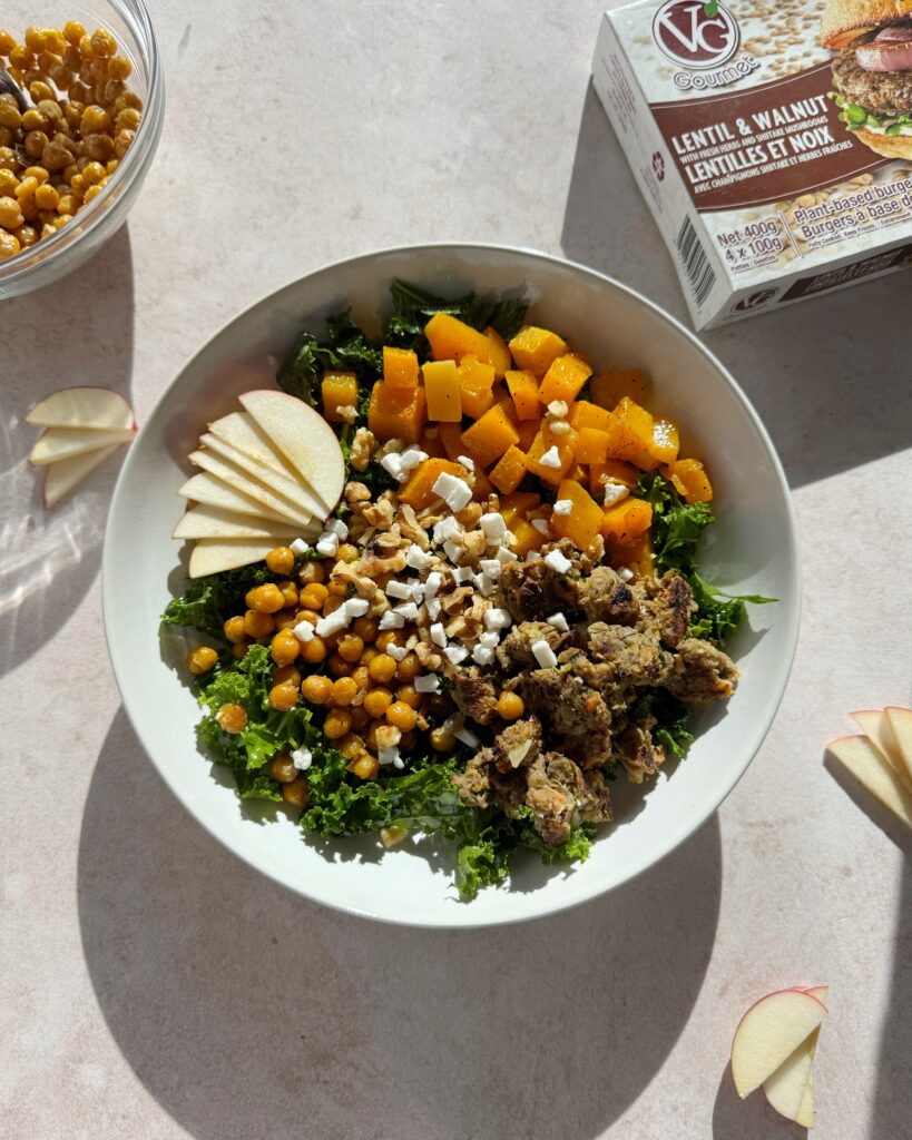 warm lentil and walnut burger bowl