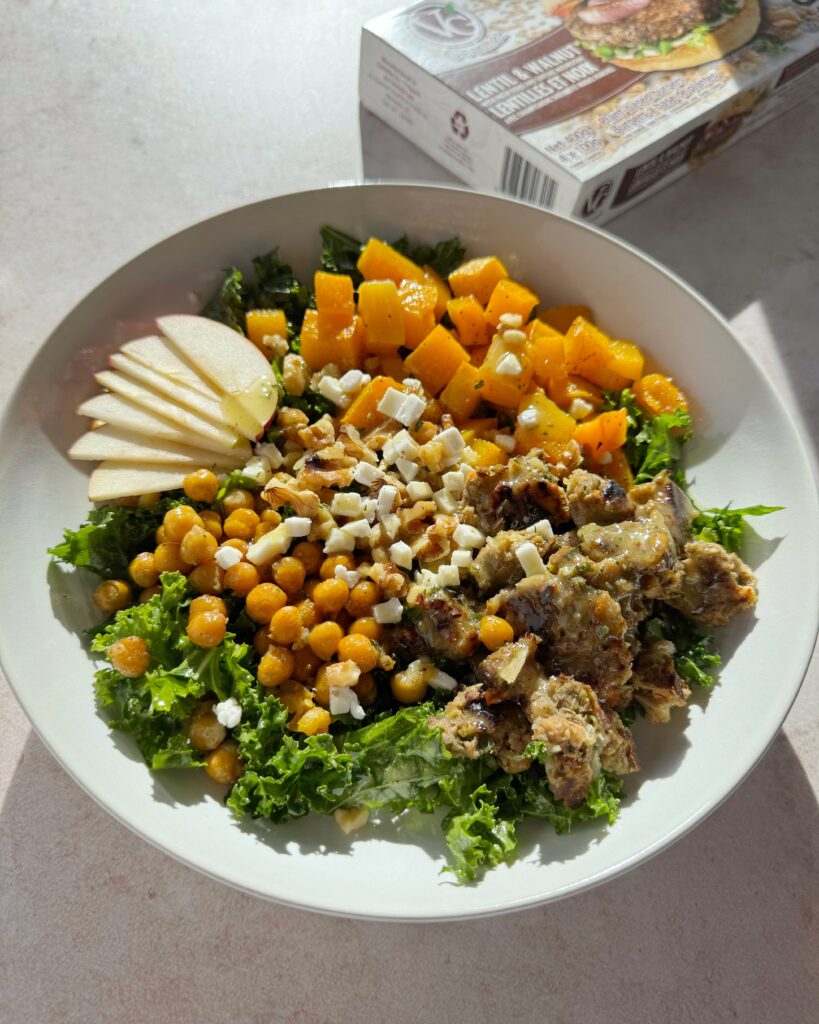lentil walnut and squash burger bowl