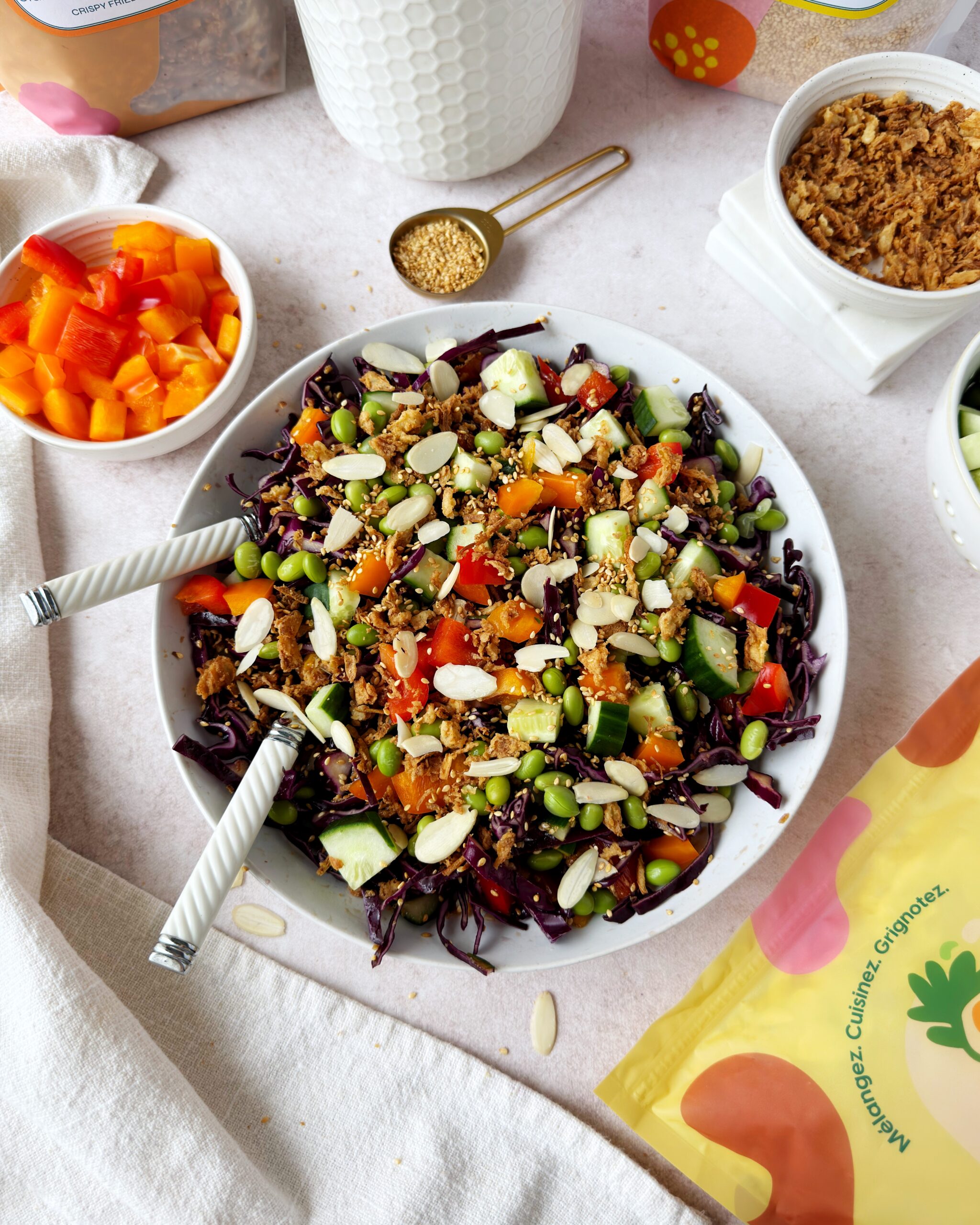 crunchy rainbow salad with a soy sesame dressing